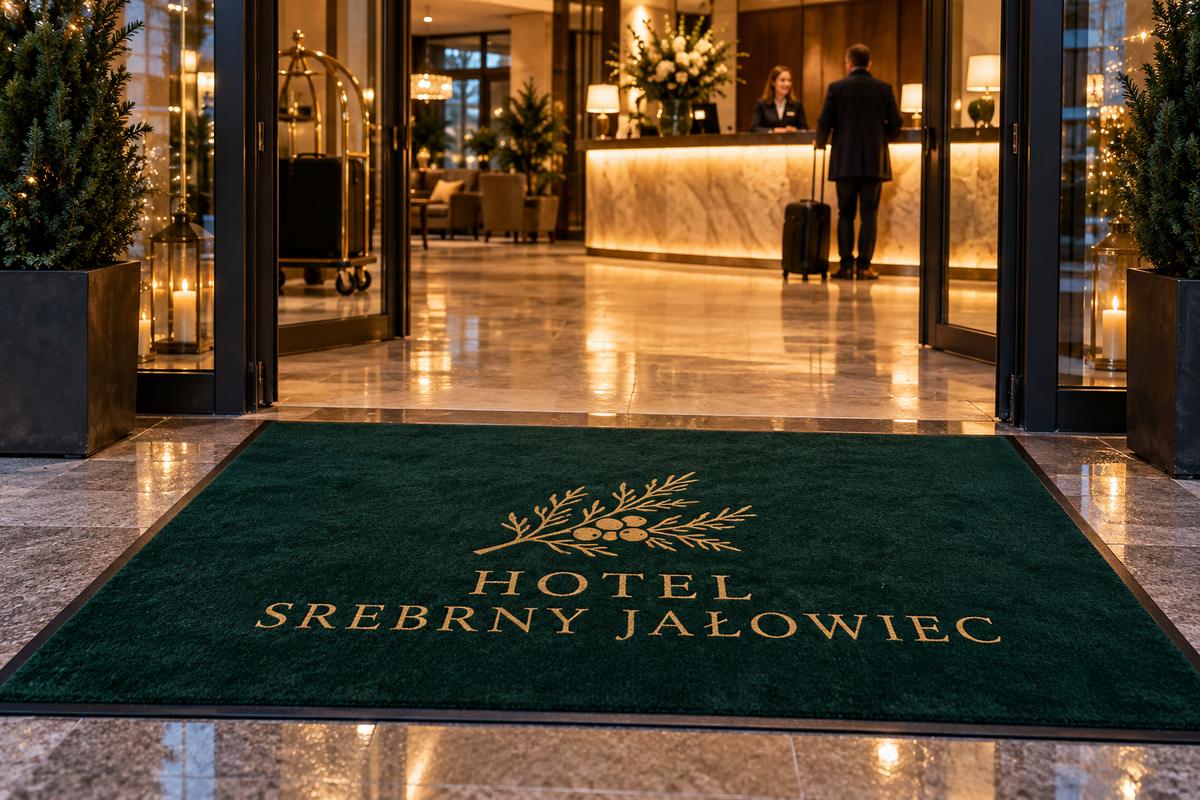 Wycieraczka z logo hotelu w wejściu do holu — wizualizacja poglądowa