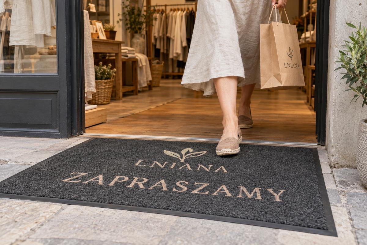 Wycieraczka z napisem Zapraszamy i logo sklepu przy drzwiach butiku — wizualizacja poglądowa